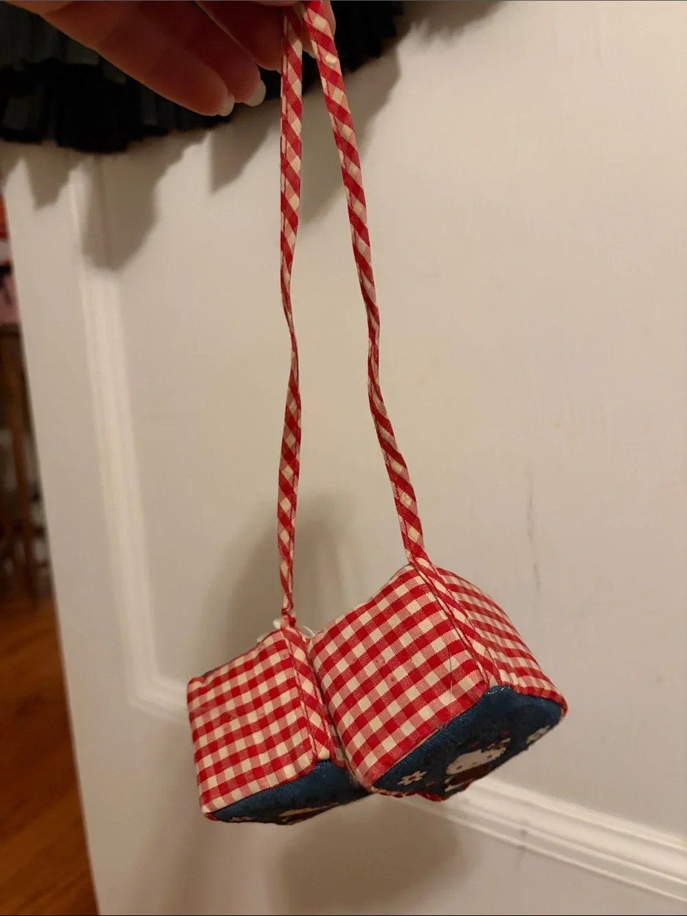 Hello Kitty Red Gingham and Denim Decorative Pillow with Hanging Dice